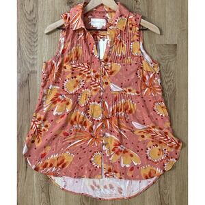 Vera For Anthropologie Tank Top Size S Coral Floral‎  Collared Button Up NWT